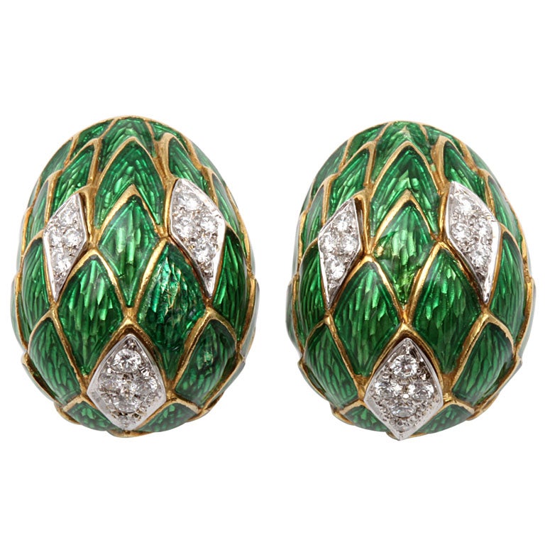 Green Enamel And Diamond Gold Bombe Earrings