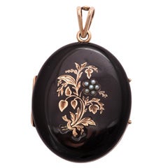 Victorian Black Enamel & Seed Pearl Gold Floral  Locket
