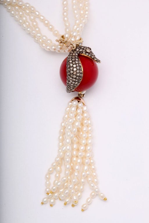 Women's Diamond Seahorse & Coral Bead Pendant on Pearl Tassel Necklace