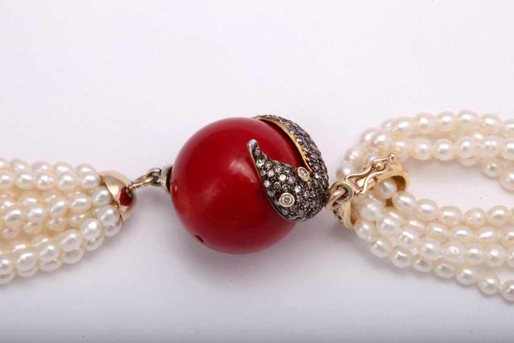 Diamond Seahorse & Coral Bead Pendant on Pearl Tassel Necklace 2