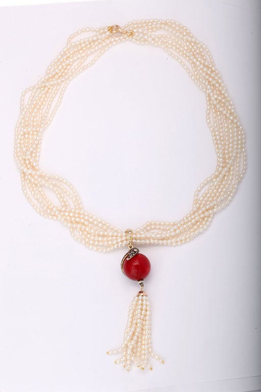 Diamond Seahorse & Coral Bead Pendant on Pearl Tassel Necklace 4