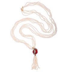 Diamond Seahorse & Coral Bead Pendant on Pearl Tassel Necklace