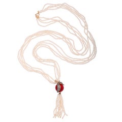 Diamond Seahorse & Coral Bead Pendant on Pearl Tassel Necklace