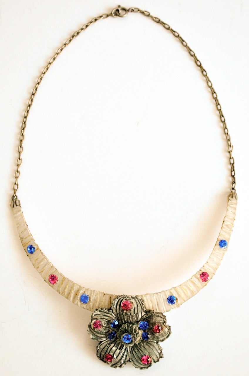 Women's 1960s Resin and Rhinestone Floral Necklace by Henry/Bijoux Fantaisie For Sale