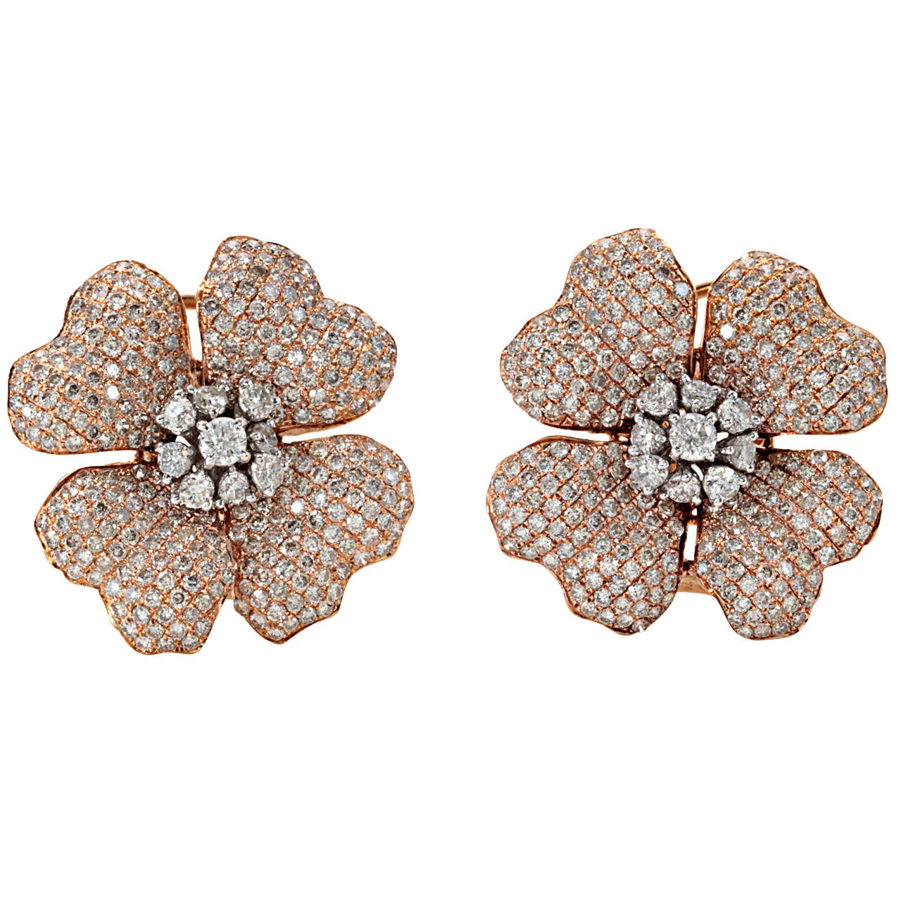 Pink and White Gold Diamond Flower Earring