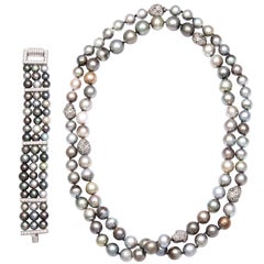 Tahitian South Sea Grey Pearls & Diamond Neckace & Bracelet