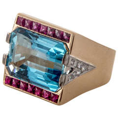 Natural Gem Aquamarine Ruby Diamond Pink Gold Ring 11