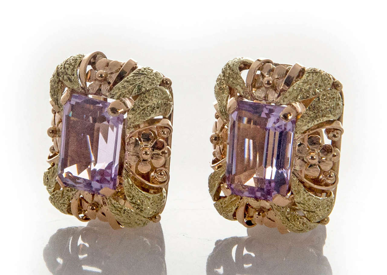 All handmade pink and green gold 18k earrings with 3-D pierced and engraved flower frames around light blue natural Amethyst. This type of work takes hours and hours to do if not weeks. Amazing quality. Set with two GIA certified natural Amethyst.