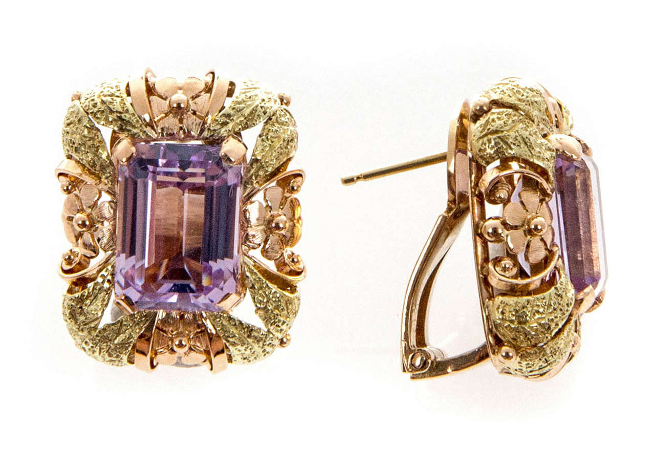 Retro Amethyst Pink Green Gold Clip Post Earrings In Good Condition In Stamford, CT