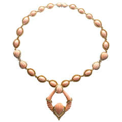 Important Natural Pink Orange Coral Diamond Necklace Pendant 10