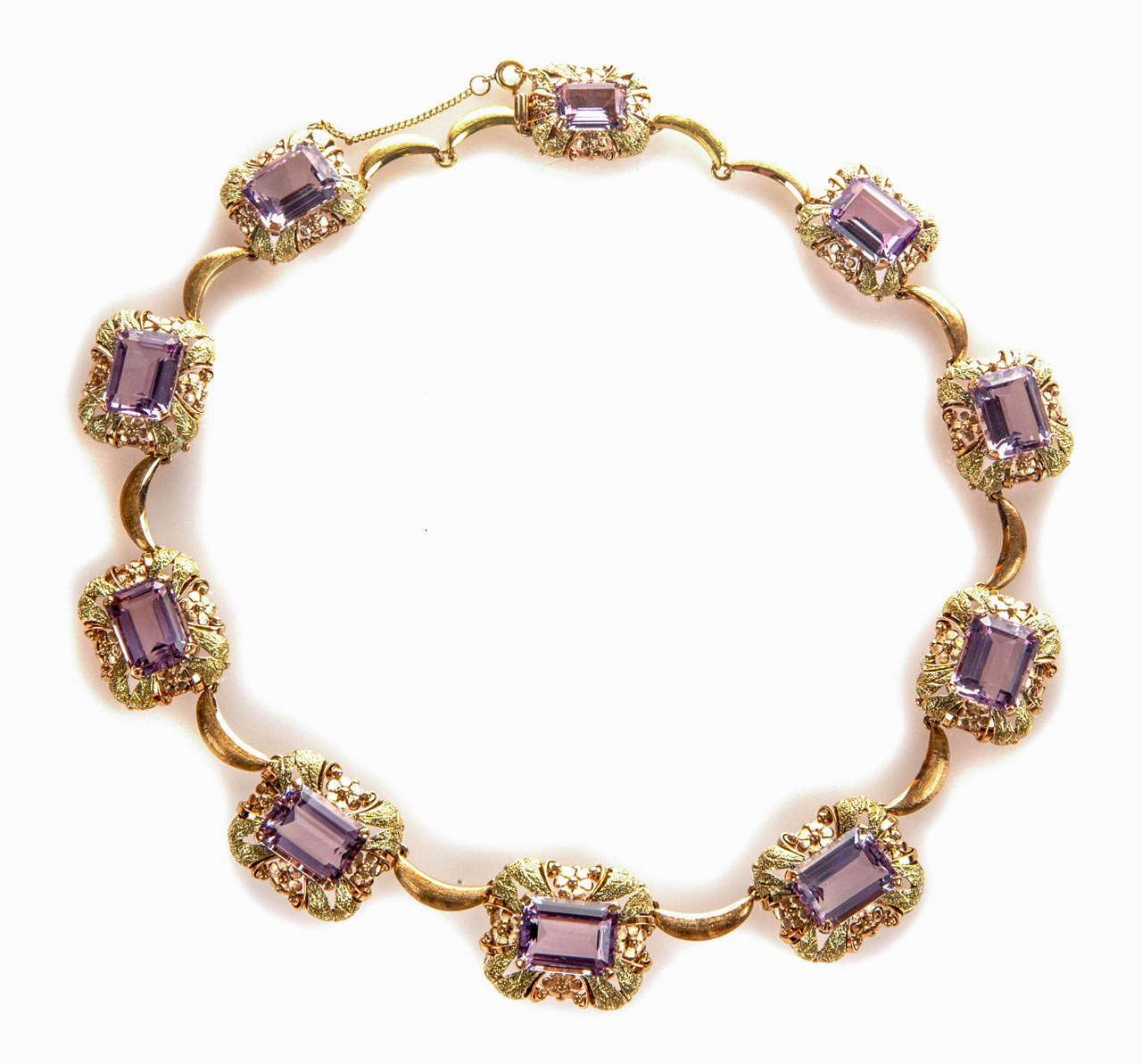 Retro Art Deco Amethyst Pink Green Gold Necklace For Sale at 1stdibs