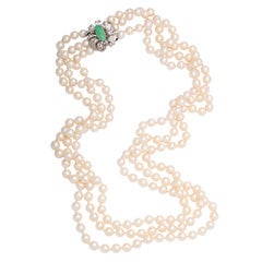 Triple Strand Cultured Pearl Jade And Diamond Necklace