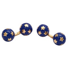 French Blue Enamel And Gold Stars Ball Cufflinks