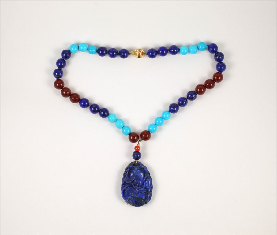 Pendant Necklace  of Turquoise , Lapis and Carnelian