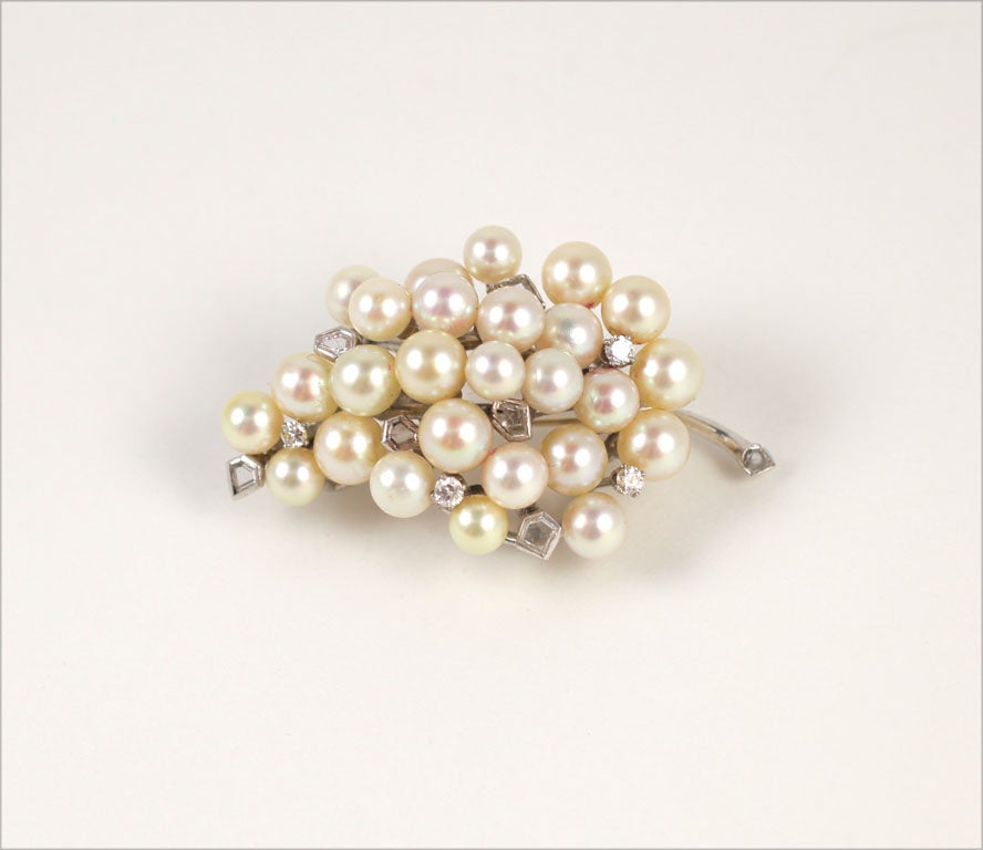 Lustrous Cultured Pearl and Diamond Spray Brooch