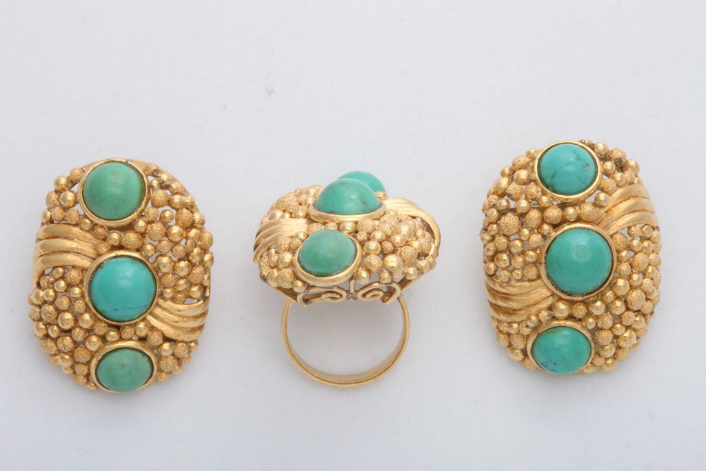Textured and smooth bubbles cover the surface of these pieces to give them a truly unique appeal.  The cabochon turquoise add great contrast. 

Impressive in size:
The earrings are 1