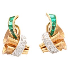 Retro Scroll Earrings with Diamonds and Calibre Cut  Emeralds