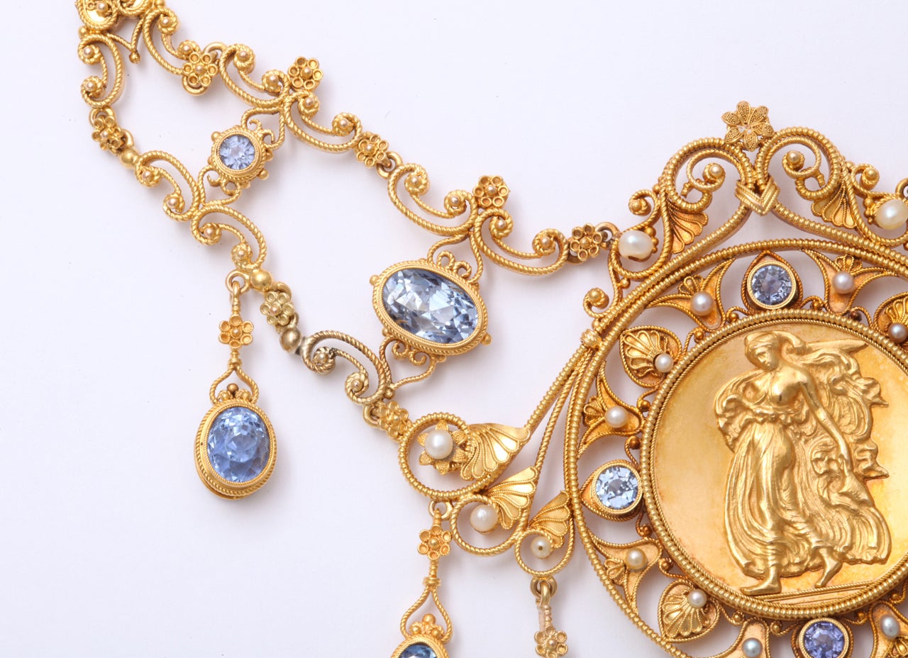 Antike 19. Jahrhundert Italienische Renaissance Perle Saphir Gold Halskette Damen