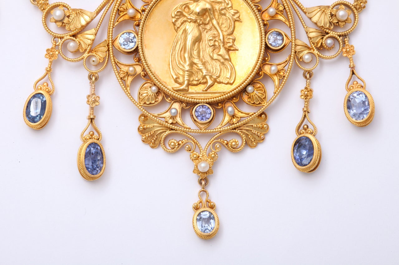 Art Nouveau Antique 19th Century Italian Renaissance Pearl Sapphire Gold Necklace