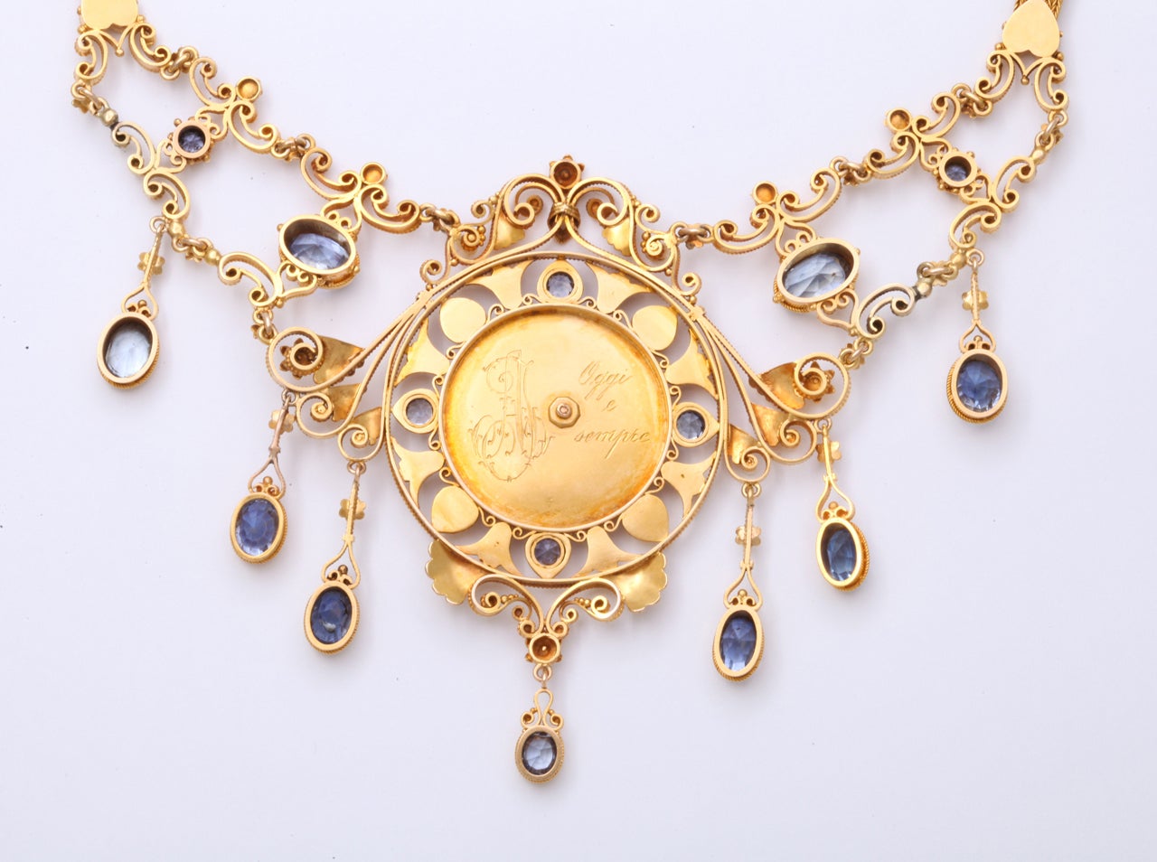 Antique 19th Century Italian Renaissance Pearl Sapphire Gold Necklace In Excellent Condition In Stamford, CT