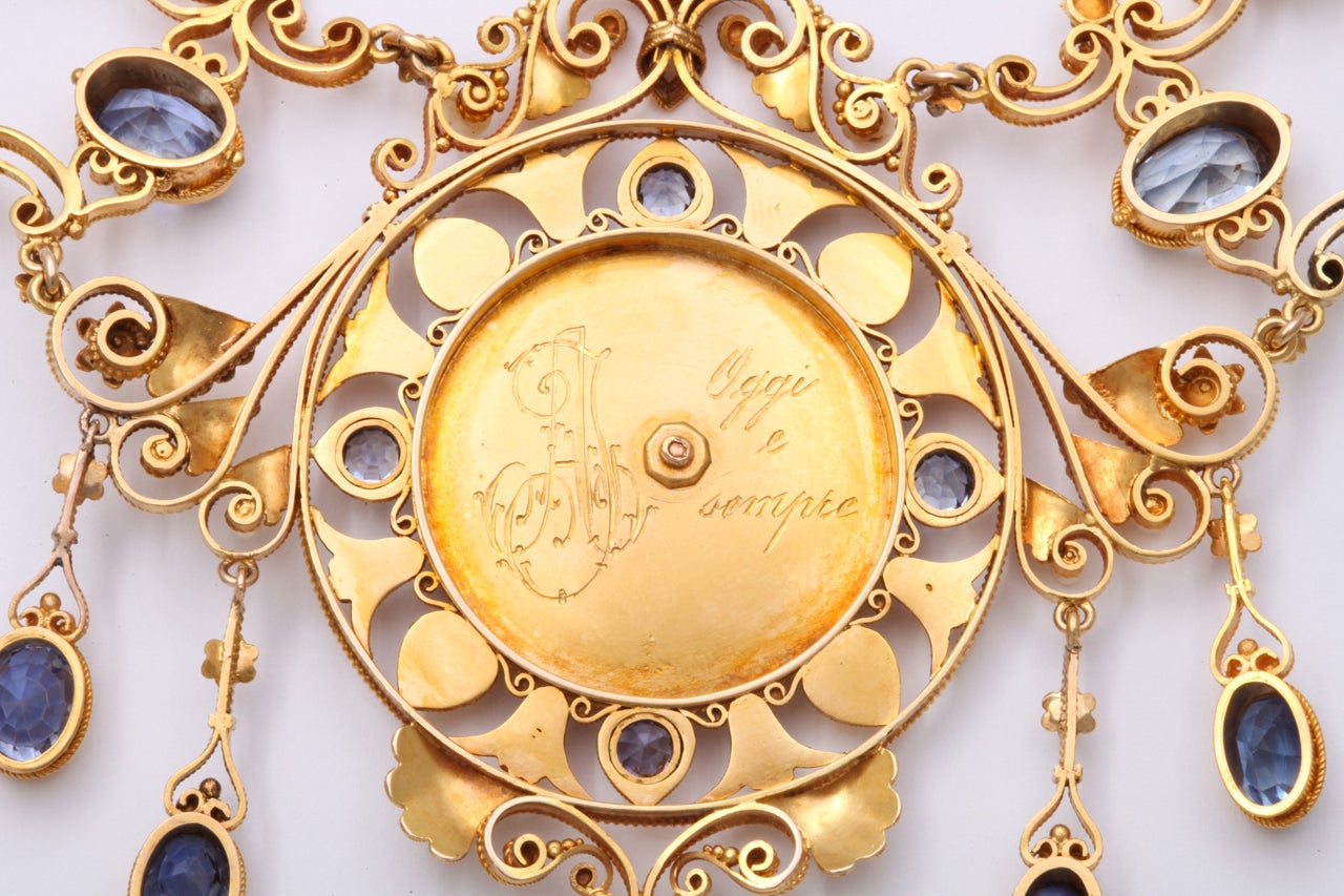 Women's Antique 19th Century Italian Renaissance Pearl Sapphire Gold Necklace