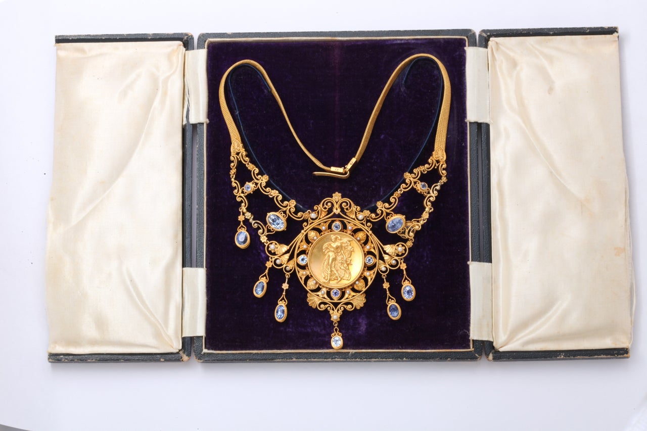Antique 19th Century Italian Renaissance Pearl Sapphire Gold Necklace 1