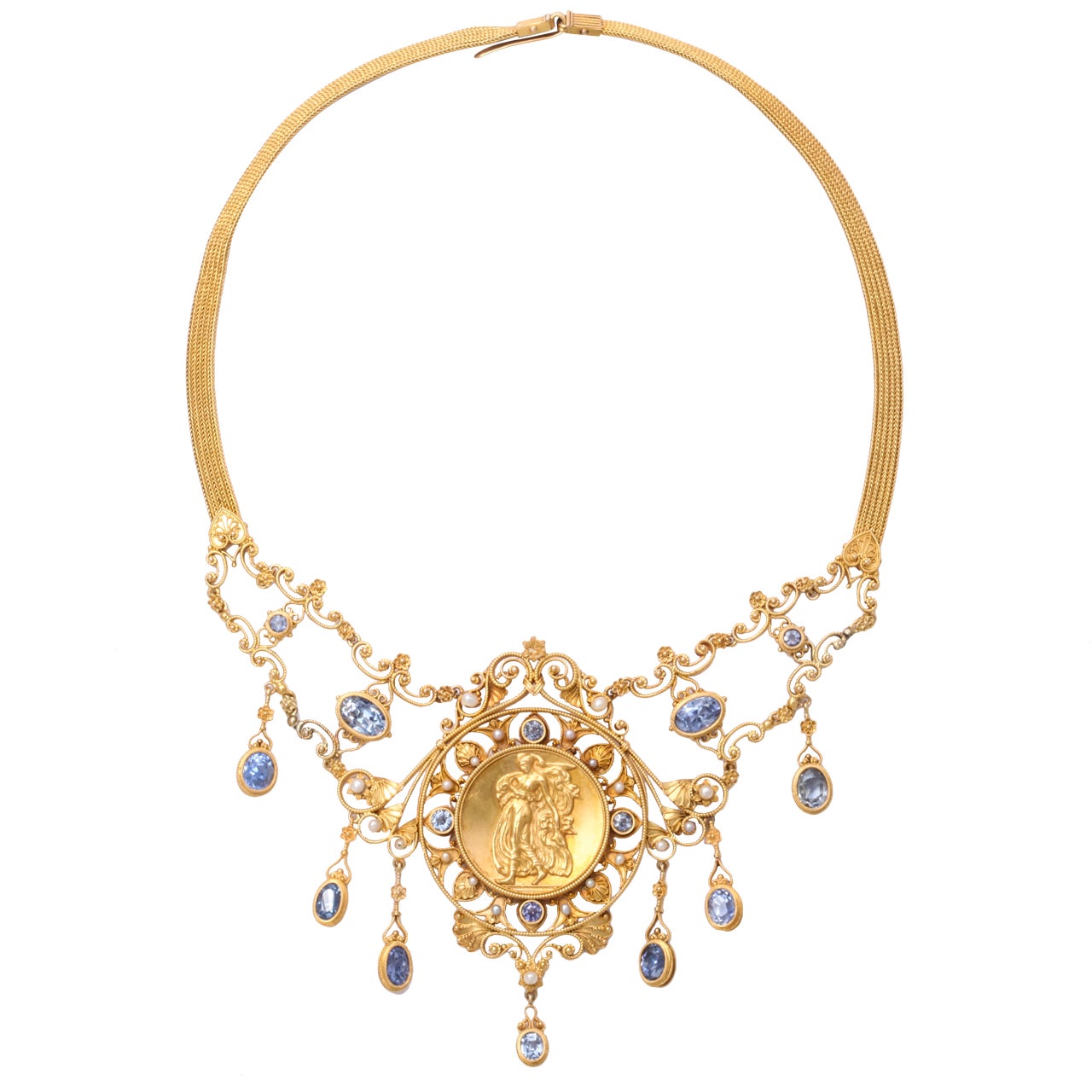 Antique 19th Century Italian Renaissance Pearl Sapphire Gold Necklace