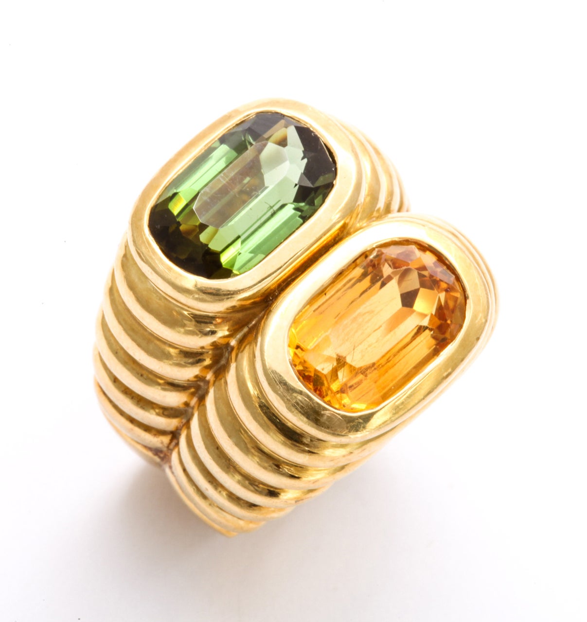 Bold Honey Citrine and Green Tourmaline Gold Ring In Excellent Condition For Sale In Stamford, CT