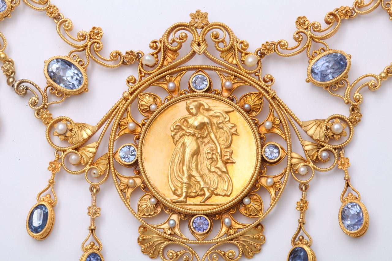 Antique 19th Century Italian Renaissance Pearl Sapphire Gold Necklace at 1stDibs antique