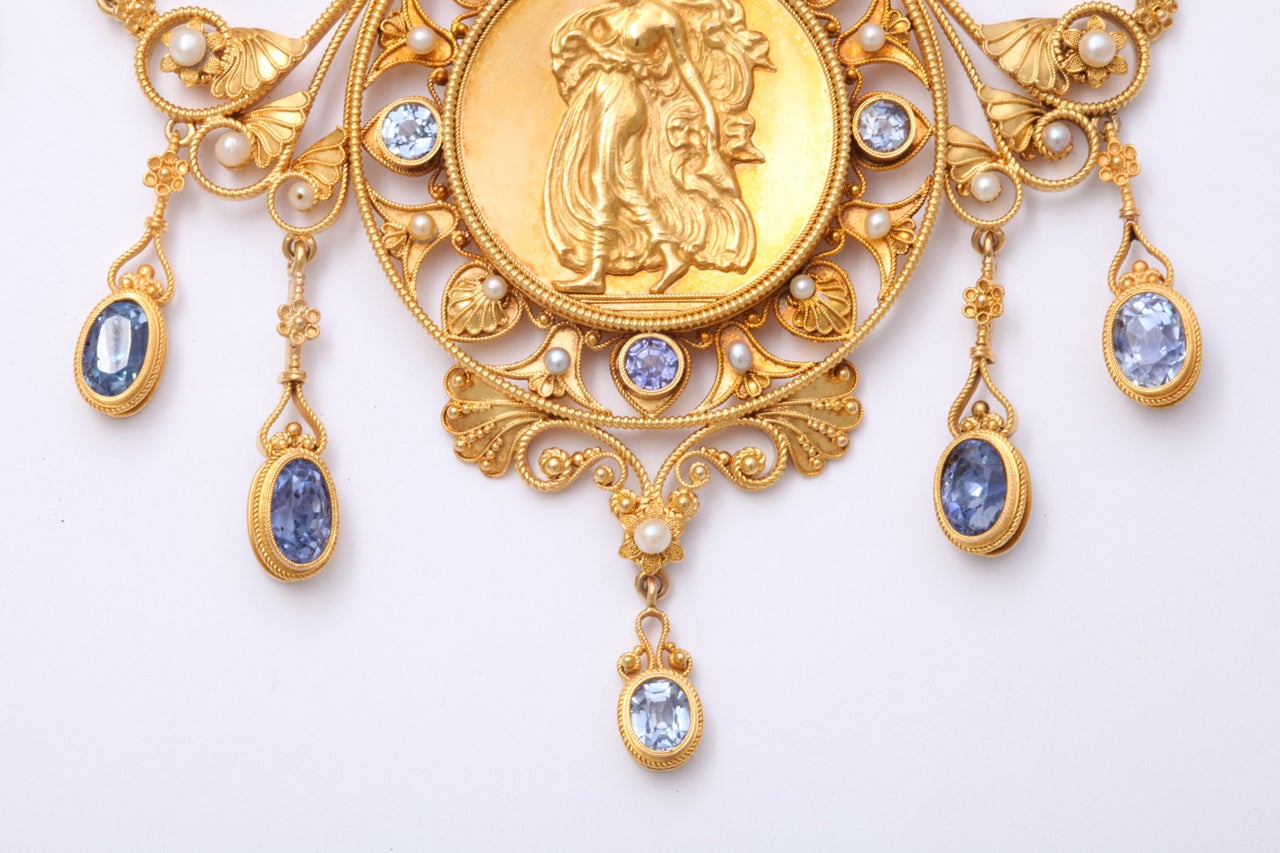 Antique 19th Century Italian Renaissance Pearl Sapphire Gold Necklace
