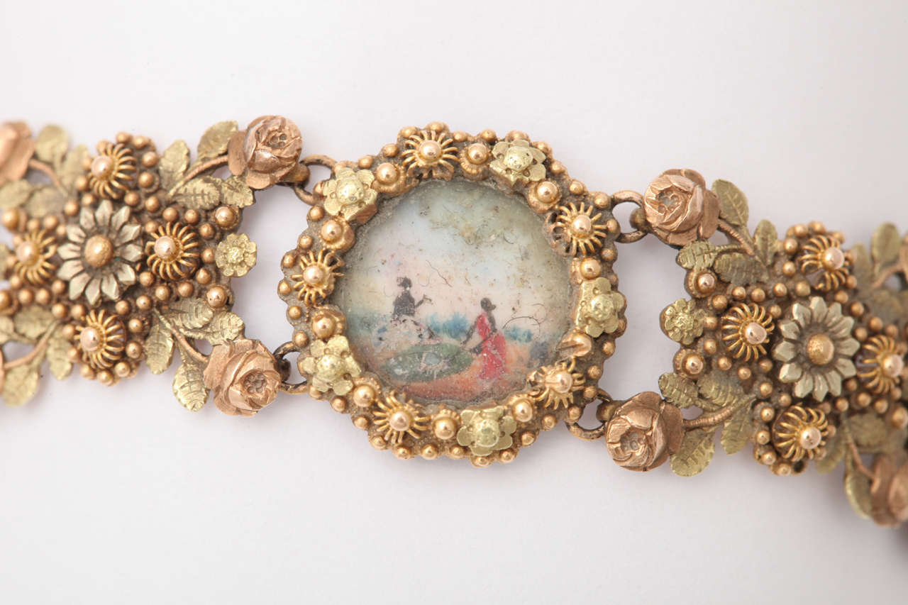 Georgian Early Colonial Painted Miniature Gold Filigree Bracelet For Sale