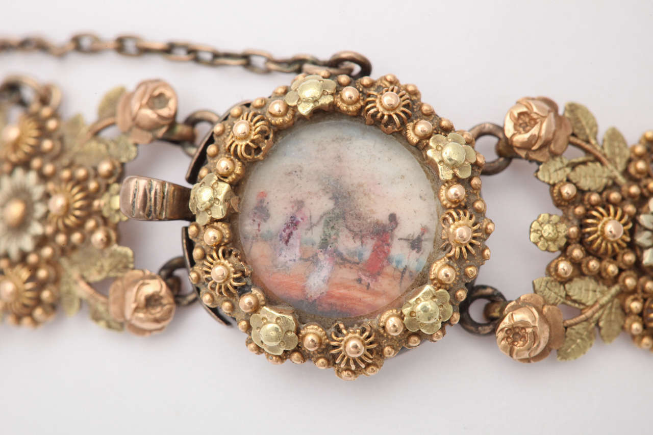 Women's Early Colonial Painted Miniature Gold Filigree Bracelet For Sale