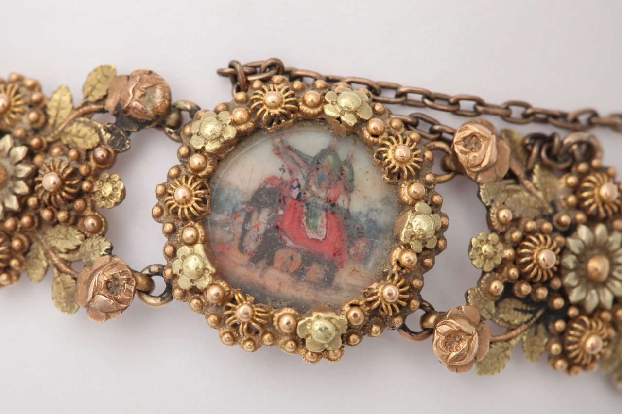 Early Colonial Painted Miniature Gold Filigree Bracelet For Sale 1