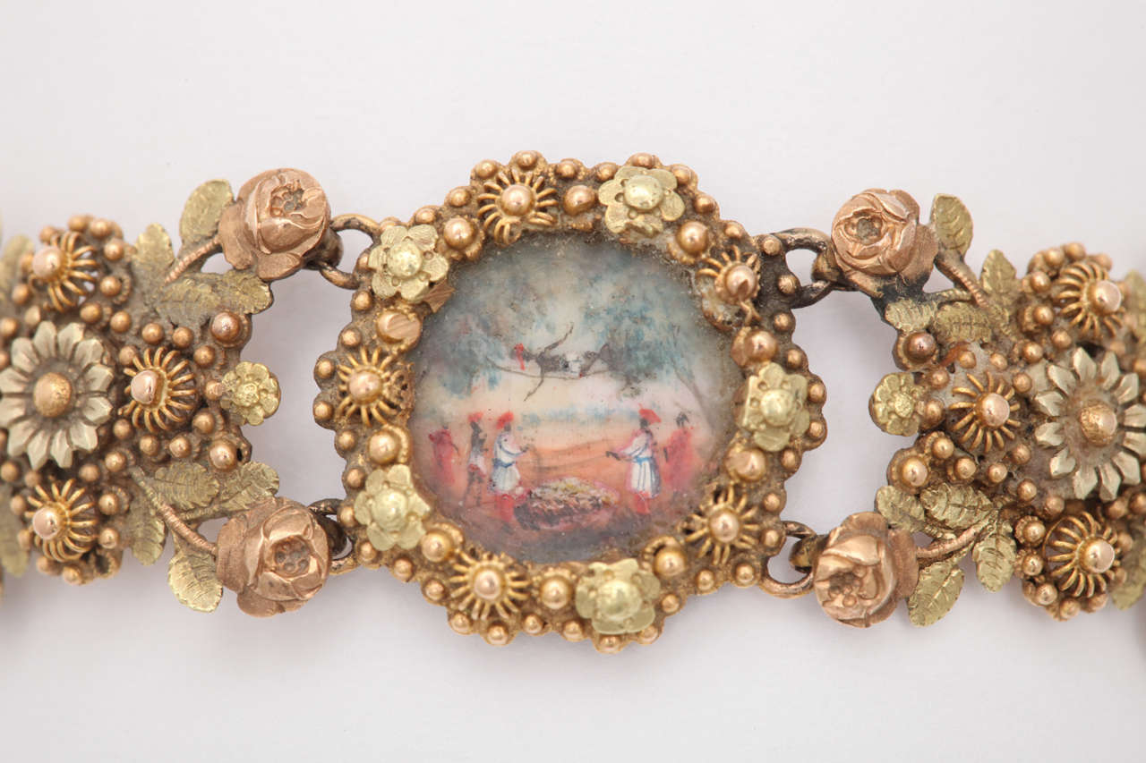 Early Colonial Painted Miniature Gold Filigree Bracelet For Sale 2