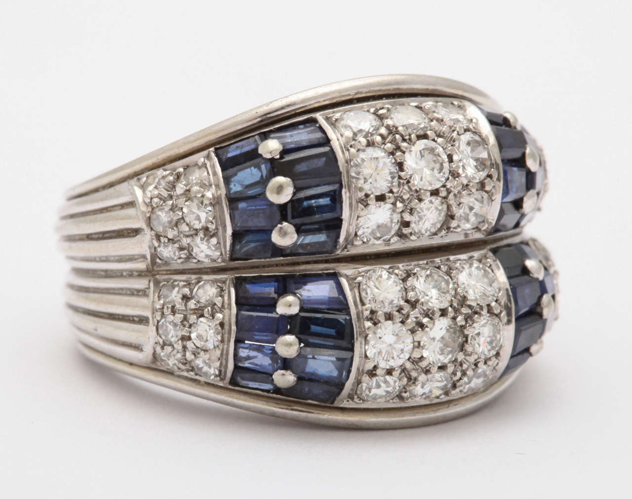 Sapphire Diamond White Gold Double Band Ring In Excellent Condition For Sale In New York, NY