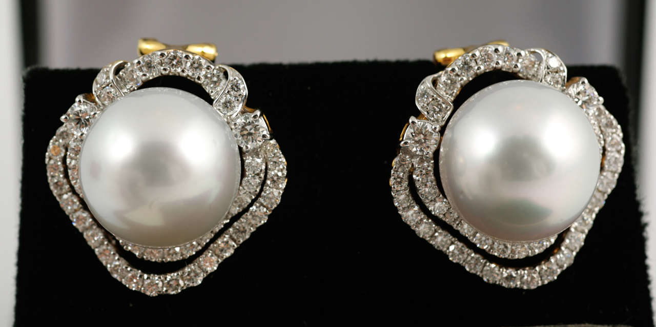 Large pair of modern cultured pearl and diamond cluster earrings