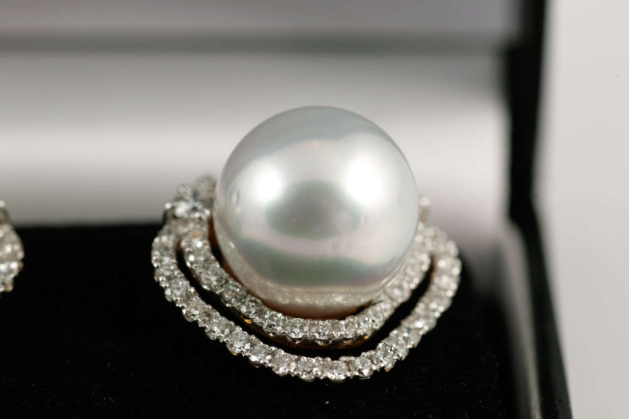 Large Cultured Pearl Diamond Cluster Earrings 1