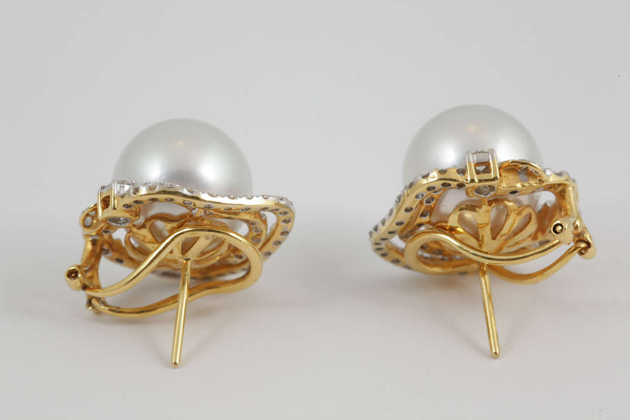 Large Cultured Pearl Diamond Cluster Earrings 2