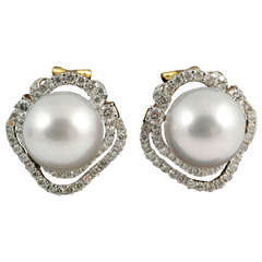 Large Cultured Pearl Diamond Cluster Earrings