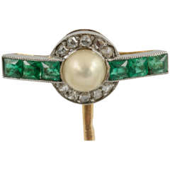 French Natural Pearl Emerald Diamond Gold Tie Pin 11