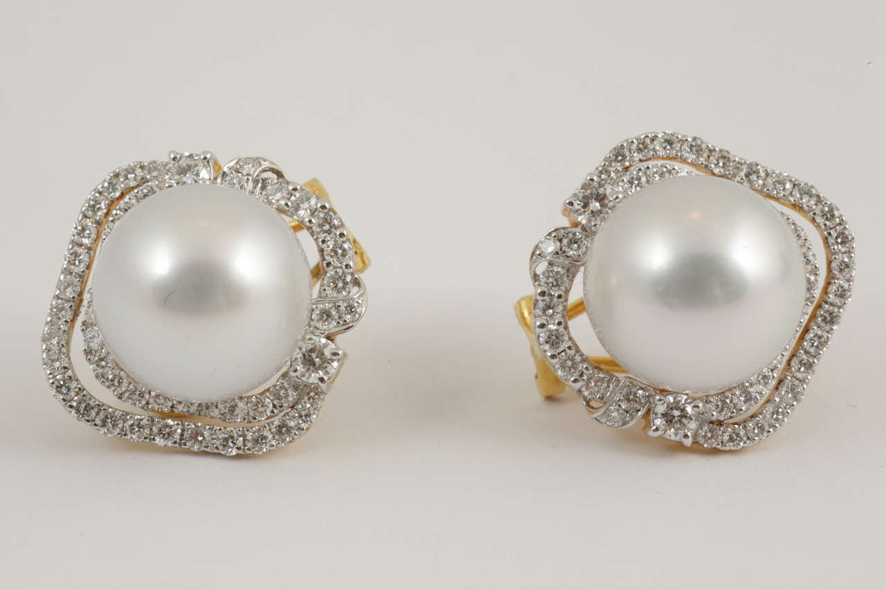 Large Cultured Pearl Diamond Cluster Earrings at 1stDibs