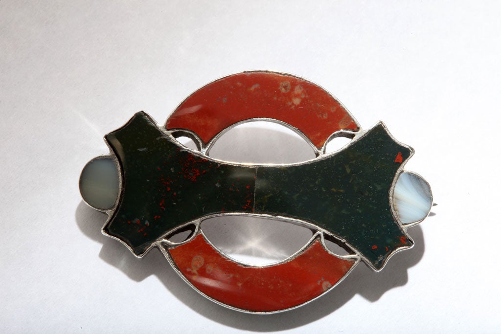 Sterling Silover-Mounted Scottish Agate Brooch