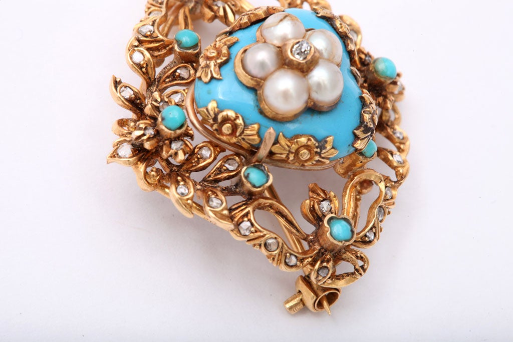 Romantic Victorian Enamel Turquoise Pearl Diamond Gold Brooch