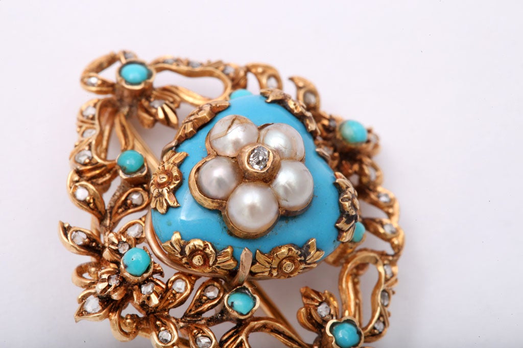 Victorian Enamel Turquoise Pearl Diamond Gold Brooch In Excellent Condition In New York, NY