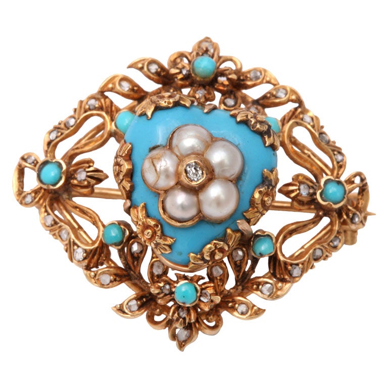 Victorian Enamel Turquoise Pearl Diamond Gold Brooch
