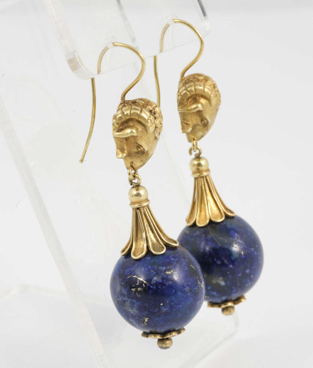Etruscan Revival Rams Heads and lapis Lazuli finely granulated earrings