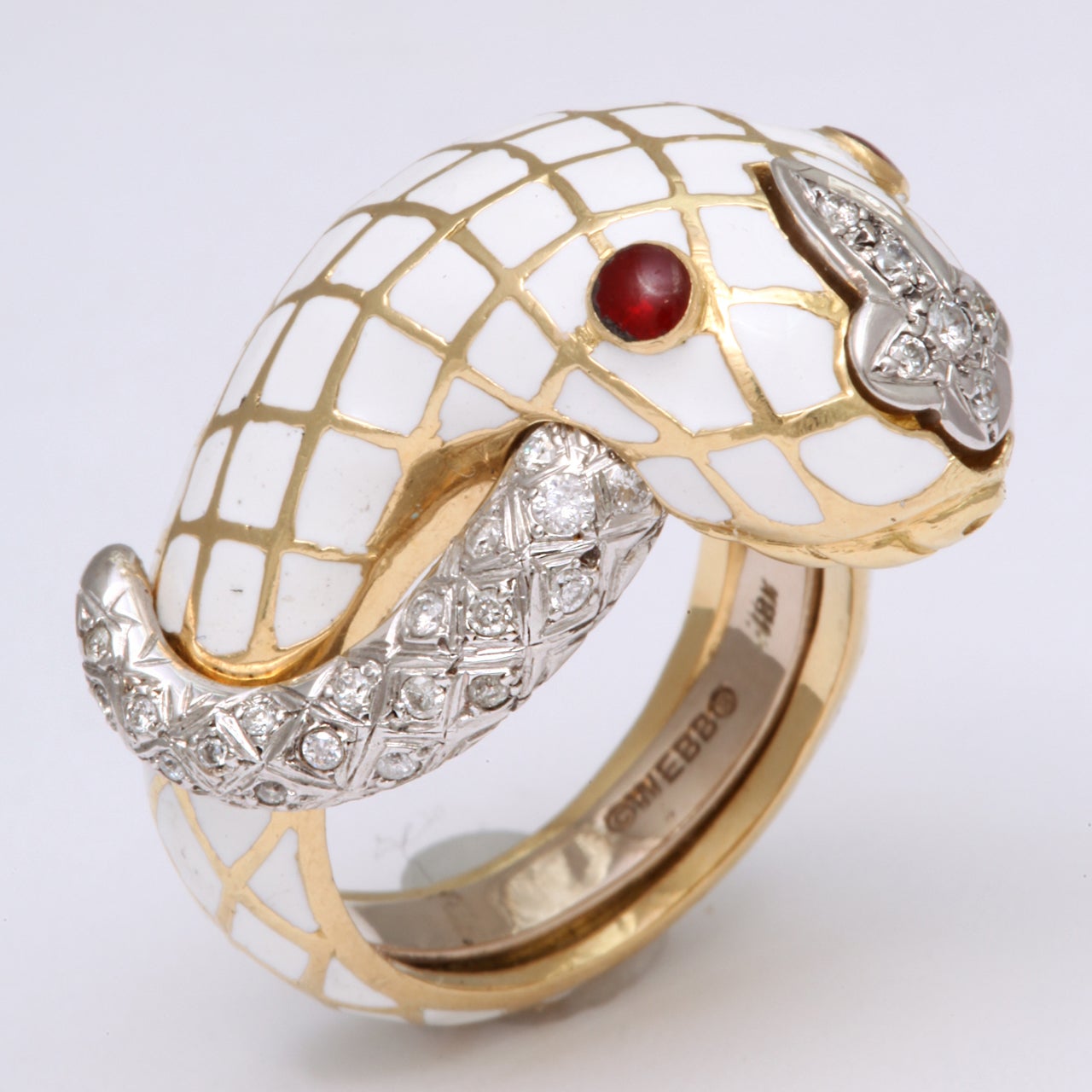 Authentic DAVID WEBB 18K Gold Diamond White Enamel Snake Ring. Width on top - 3/4