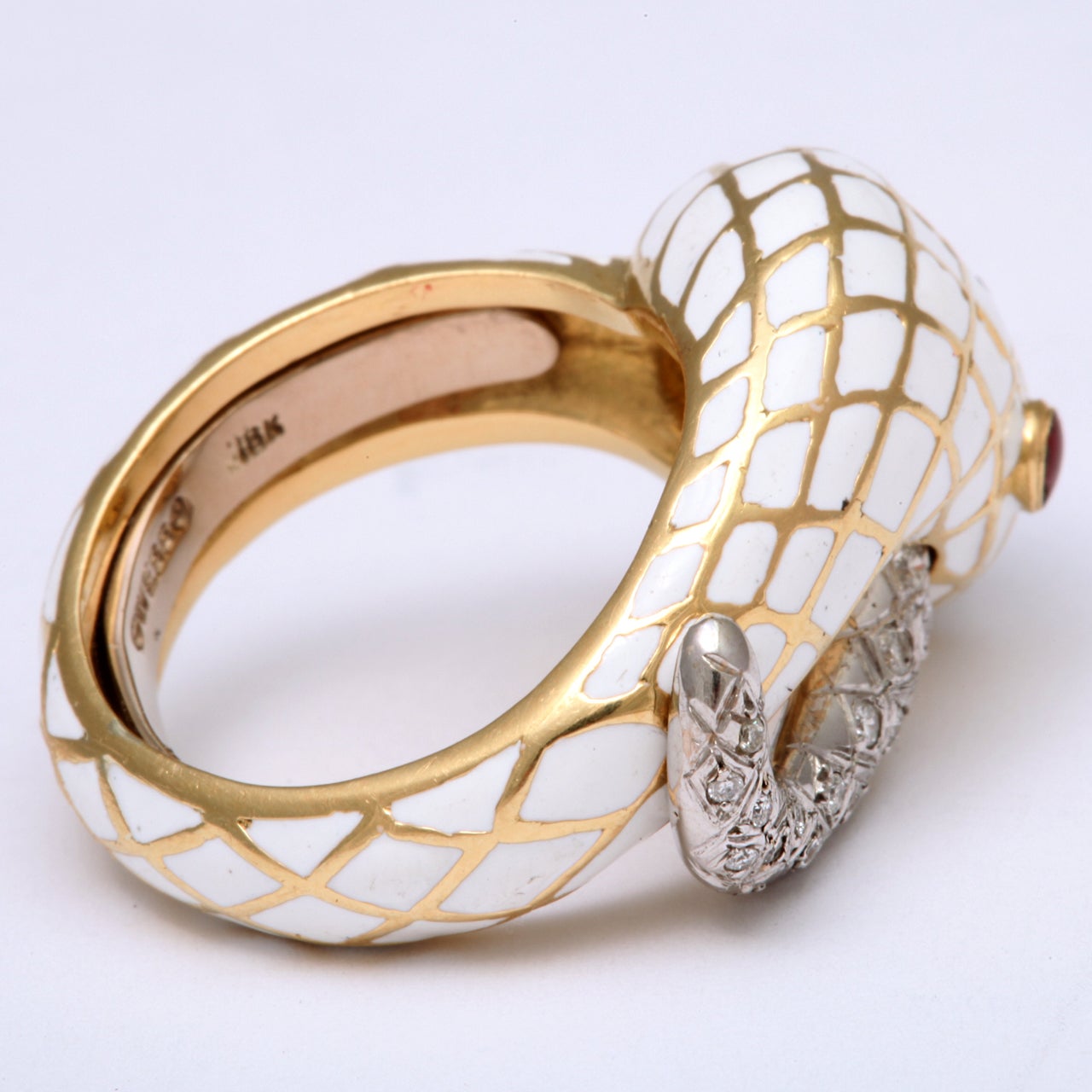 Women's DAVID WEBB Gold Diamond Ruby White Enamel Snake Ring