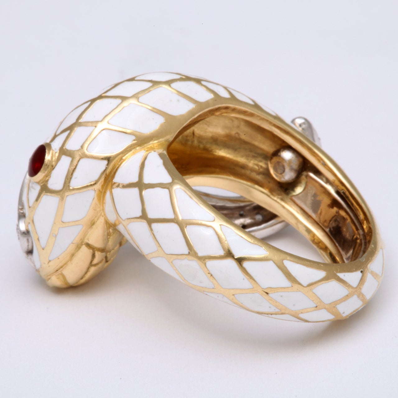 DAVID WEBB Gold Diamond Ruby White Enamel Snake Ring 1