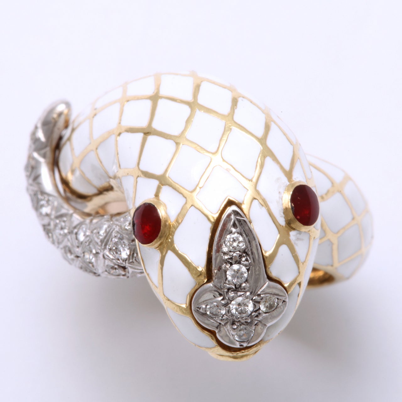 DAVID WEBB Gold Diamond Ruby White Enamel Snake Ring 3